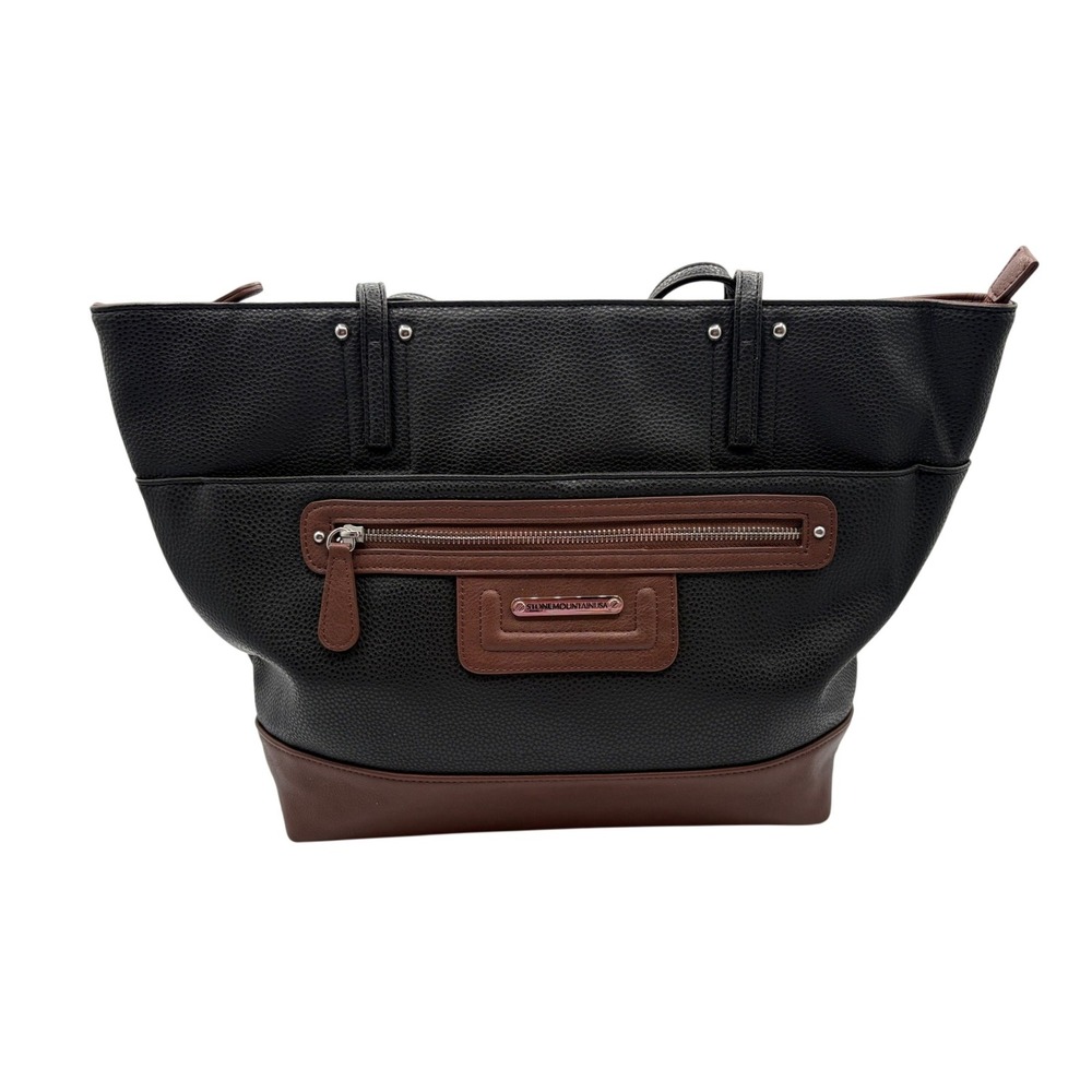Stone Mountain Tote Bag Womens Large Black Brown Excellent Faux Leather Zip Top